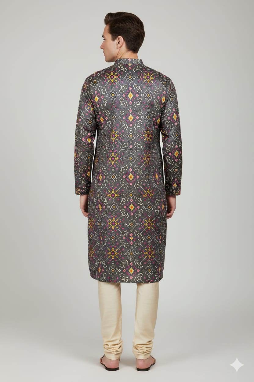Grey Digital Printed Patola Design Tussar Silk Kurta - Luxurion World