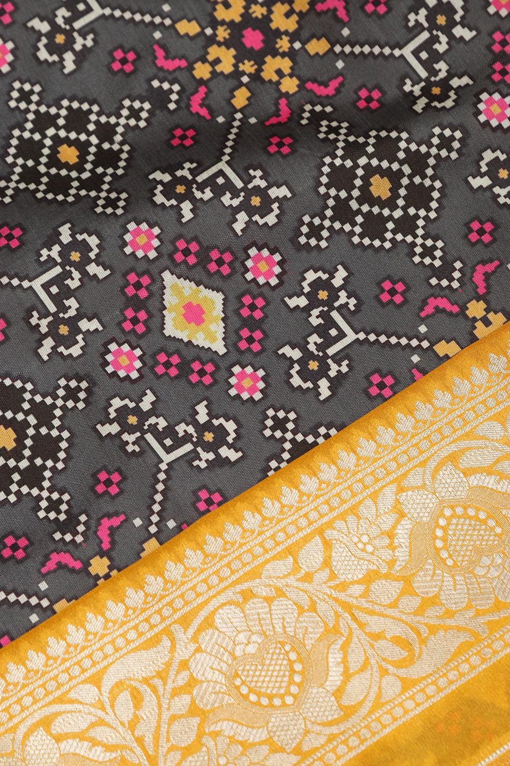 Grey Patola Tussar Silk Digital Print Fabric With Banarasi Border - Luxurion World