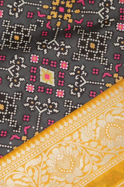 Grey Patola Tussar Silk Digital Print Fabric With Banarasi Border