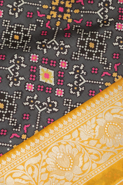 Grey Patola Tussar Silk Digital Print Fabric With Banarasi Border - Luxurion World