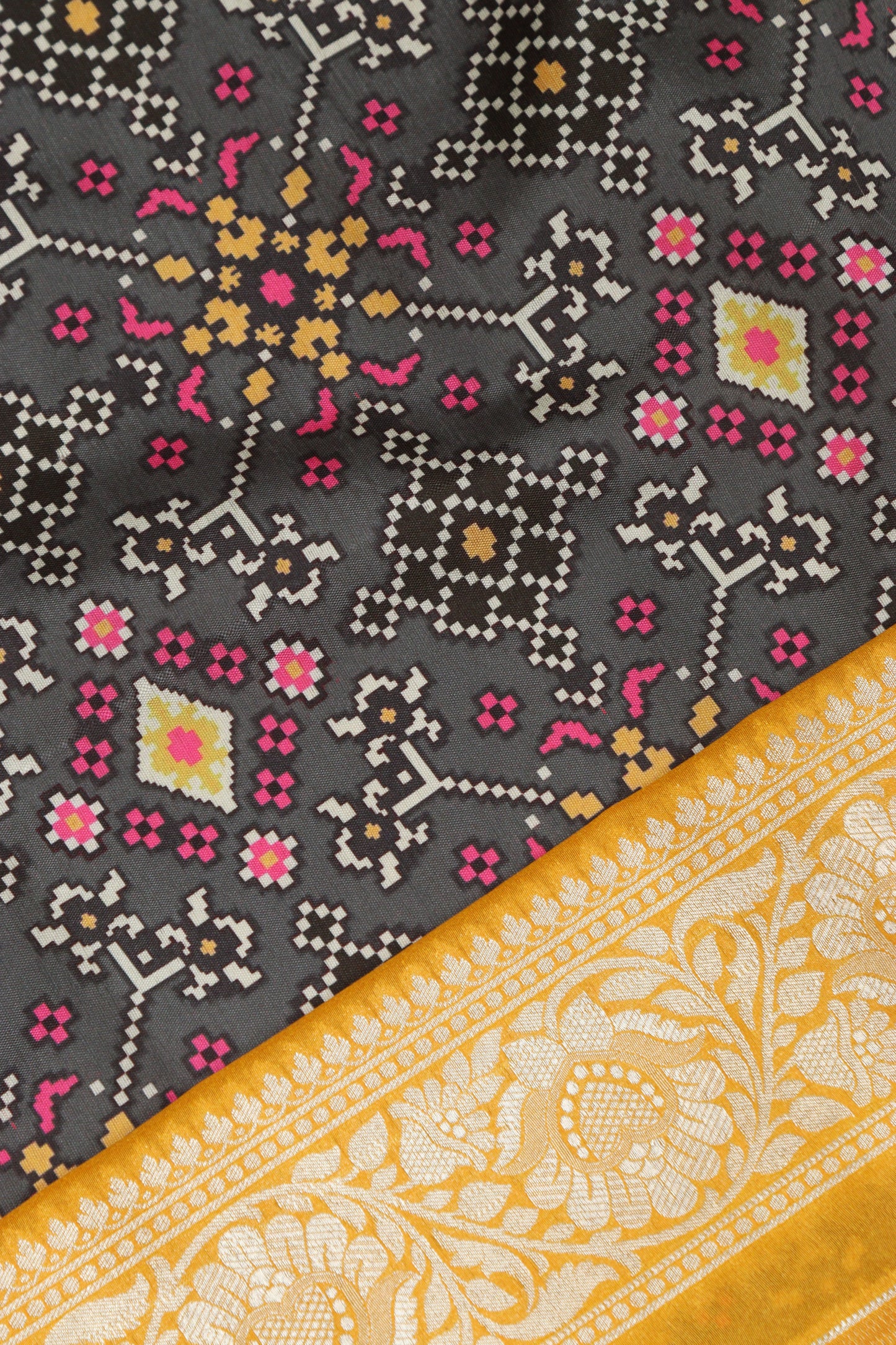 Grey Patola Tussar Silk Digital Print Fabric With Banarasi Border