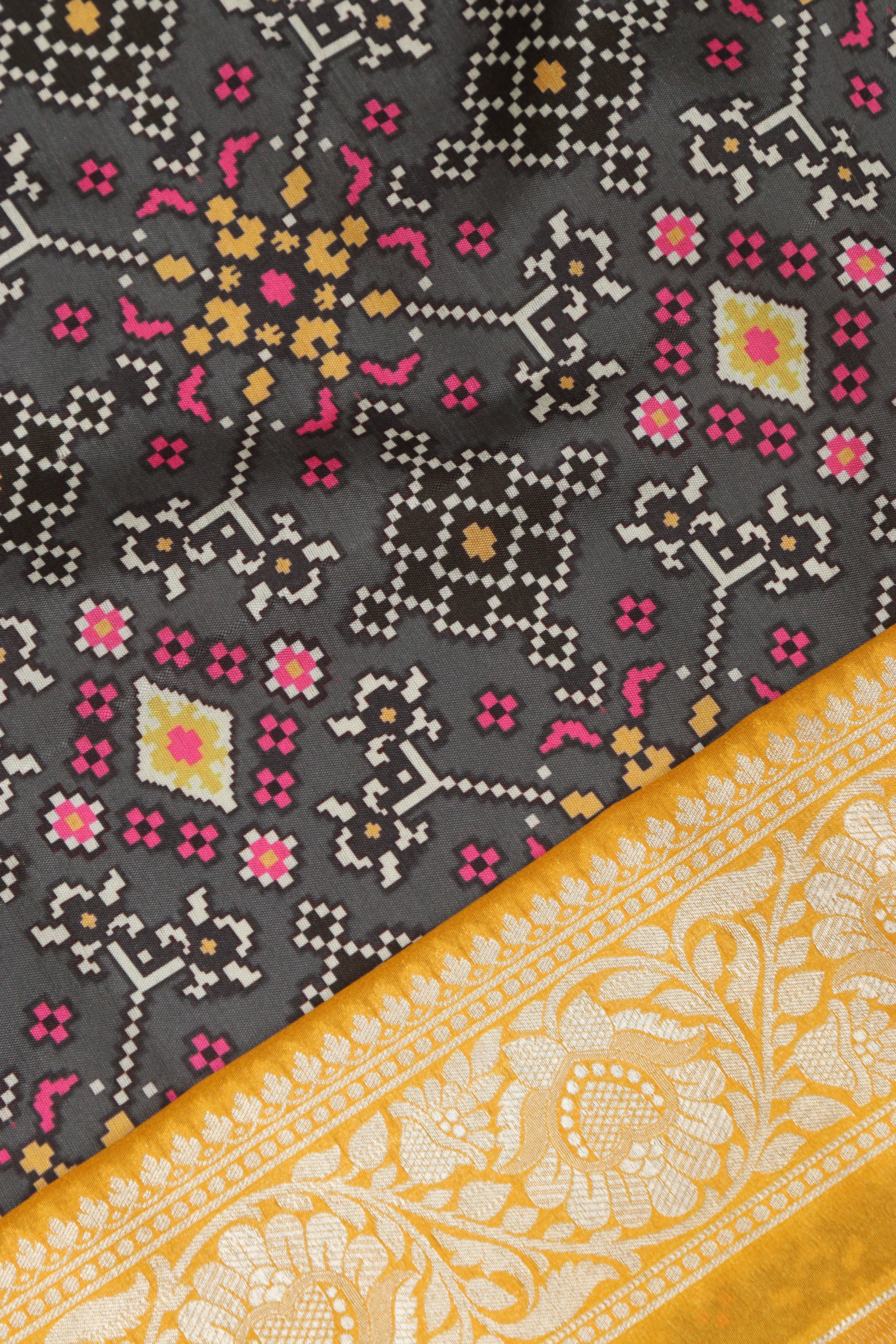 Grey Patola Tussar Silk Digital Print Fabric With Banarasi Border - Luxurion World
