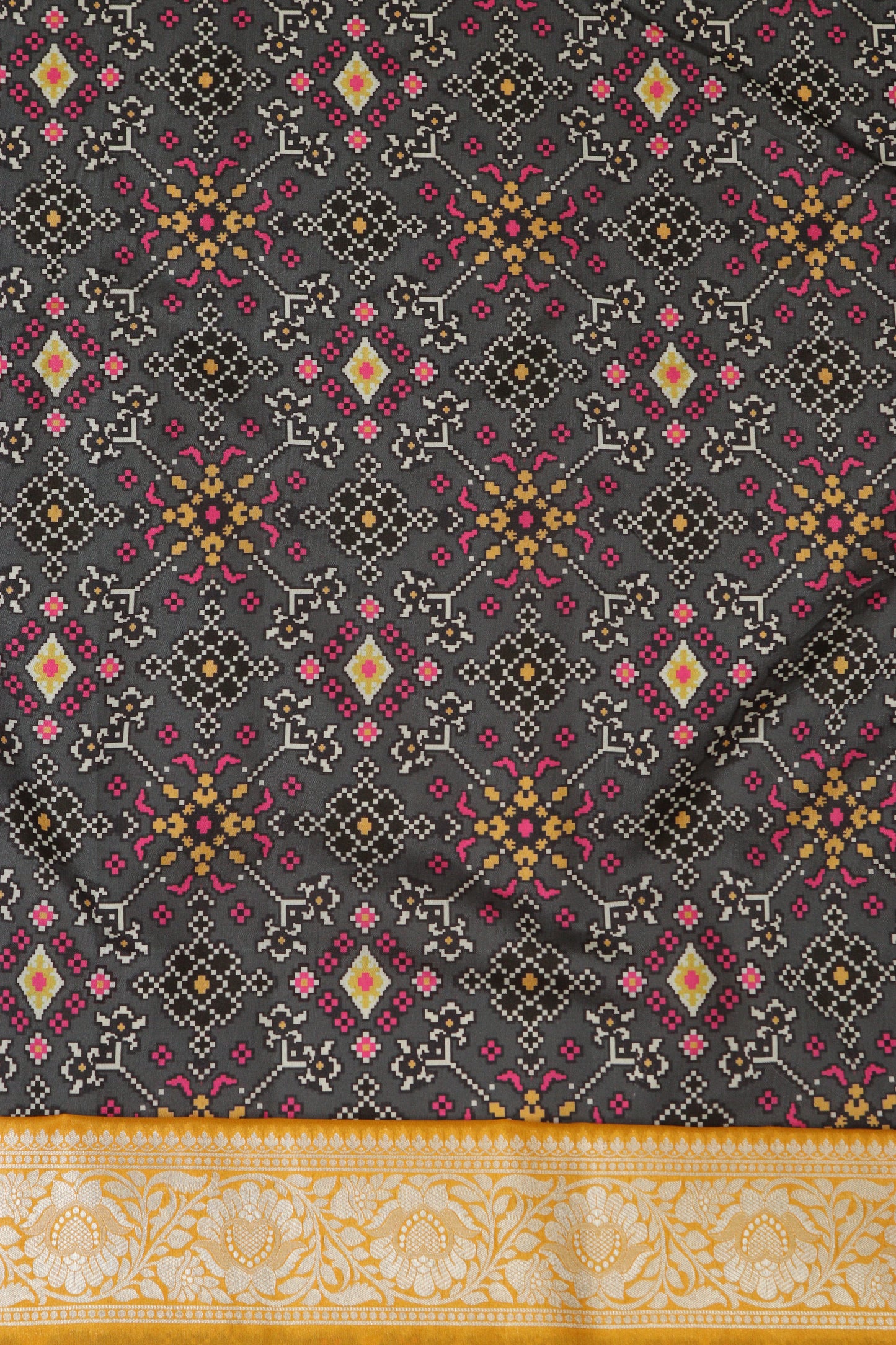 Grey Patola Tussar Silk Digital Print Fabric With Banarasi Border