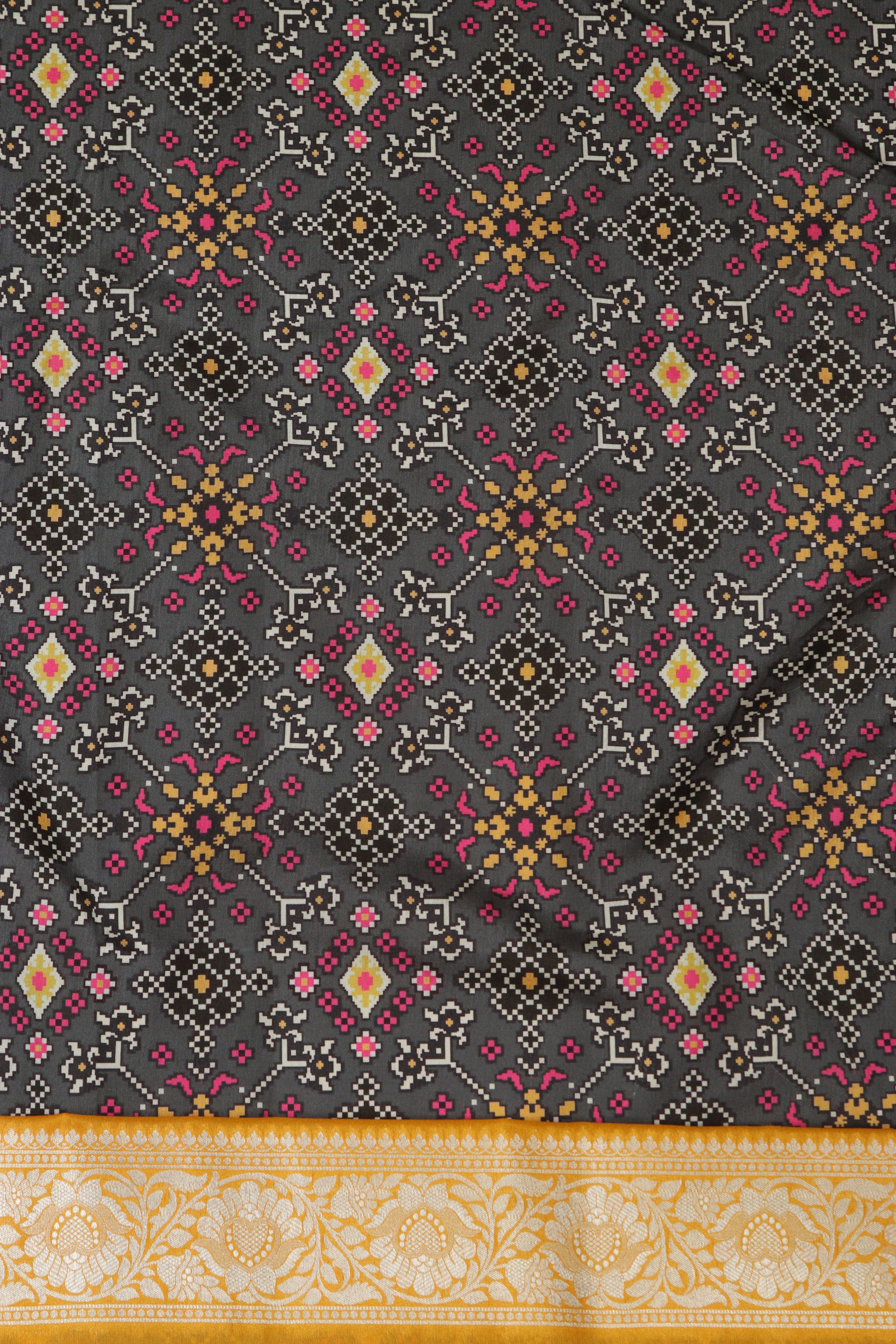 Grey Patola Tussar Silk Digital Print Fabric With Banarasi Border - Luxurion World