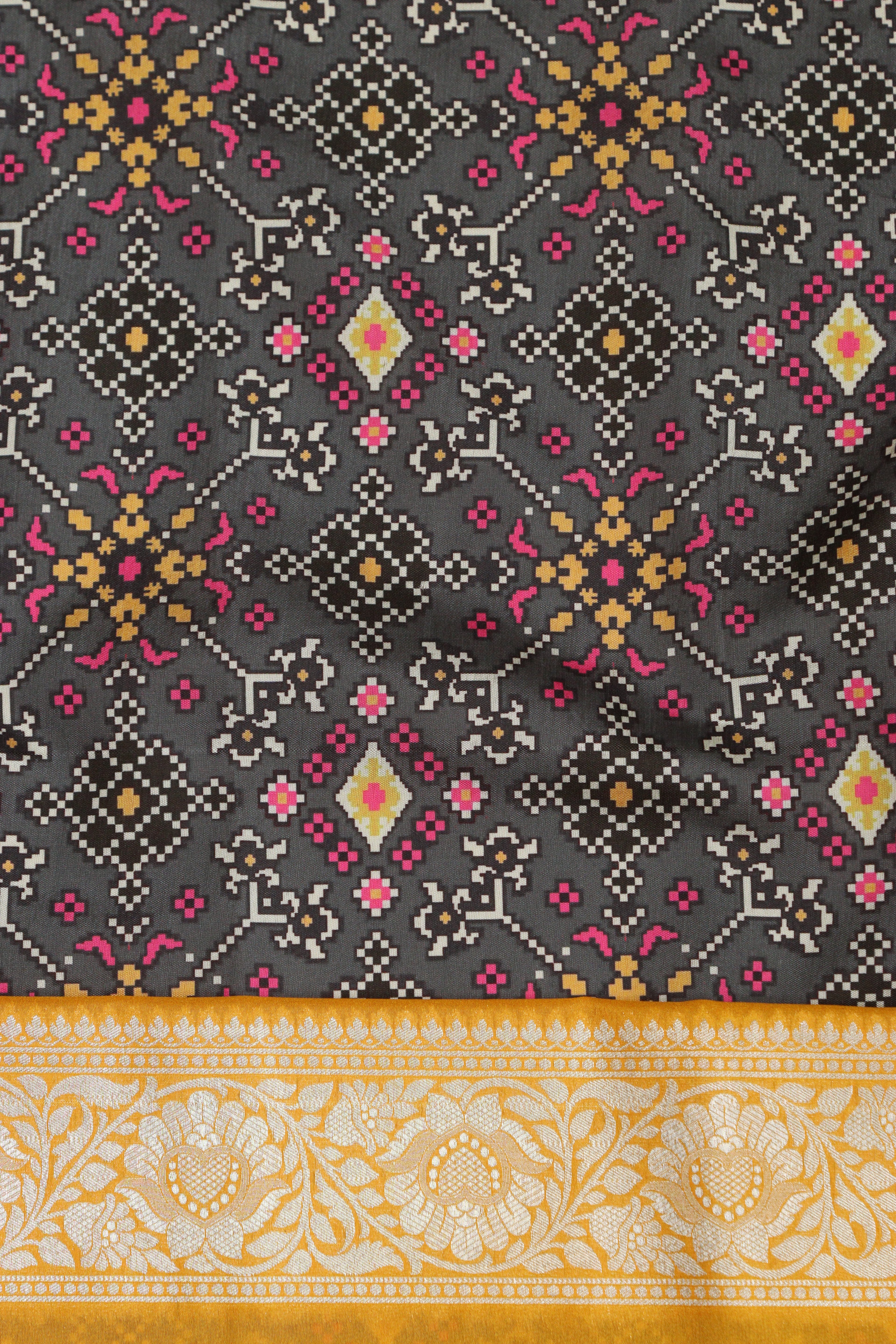 Grey Patola Tussar Silk Digital Print Fabric With Banarasi Border - Luxurion World