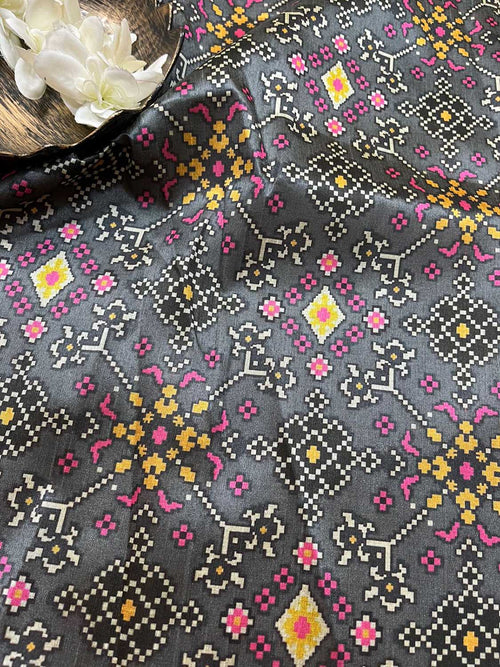 Grey Digital Printed Patola Design Tussar Silk Fabric ( 1 Mtr ) - Luxurion World