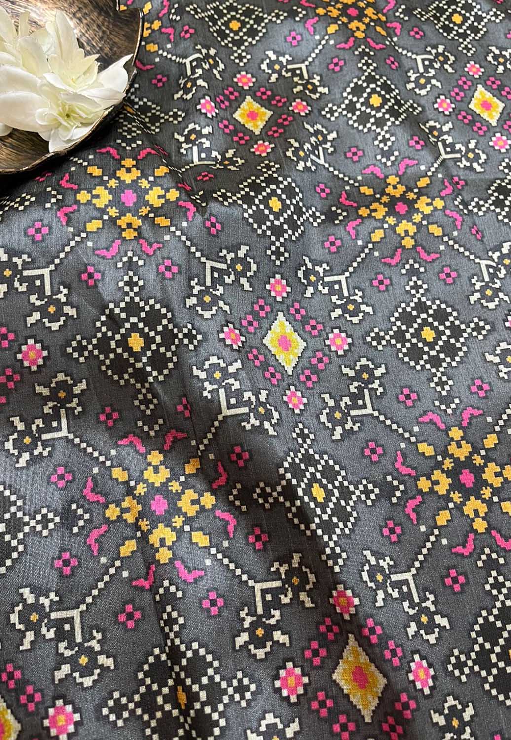 Grey Digital Printed Patola Design Tussar Silk Fabric ( 1 Mtr ) - Luxurion World