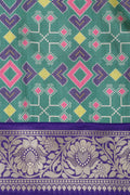 Green Digital Printed Patola Design Tussar Silk Fabric With Banarasi Border ( 1 Mtr ) - Luxurion World
