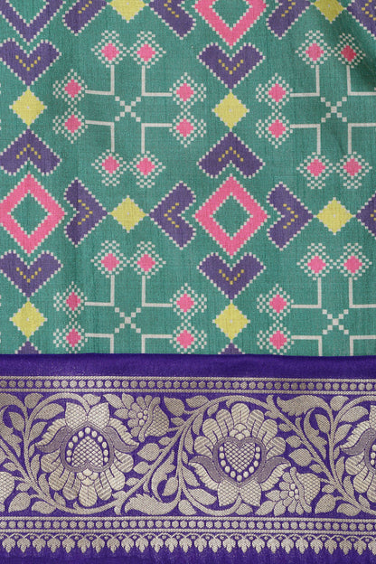 Green Digital Printed Patola Design Tussar Silk Fabric With Banarasi Border ( 1 Mtr ) - Luxurion World