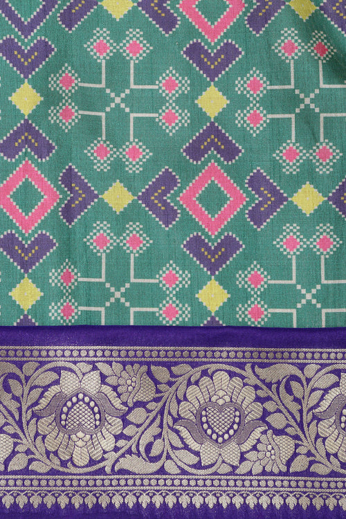 Green Digital Printed Patola Design Tussar Silk Fabric With Banarasi Border ( 1 Mtr ) - Luxurion World