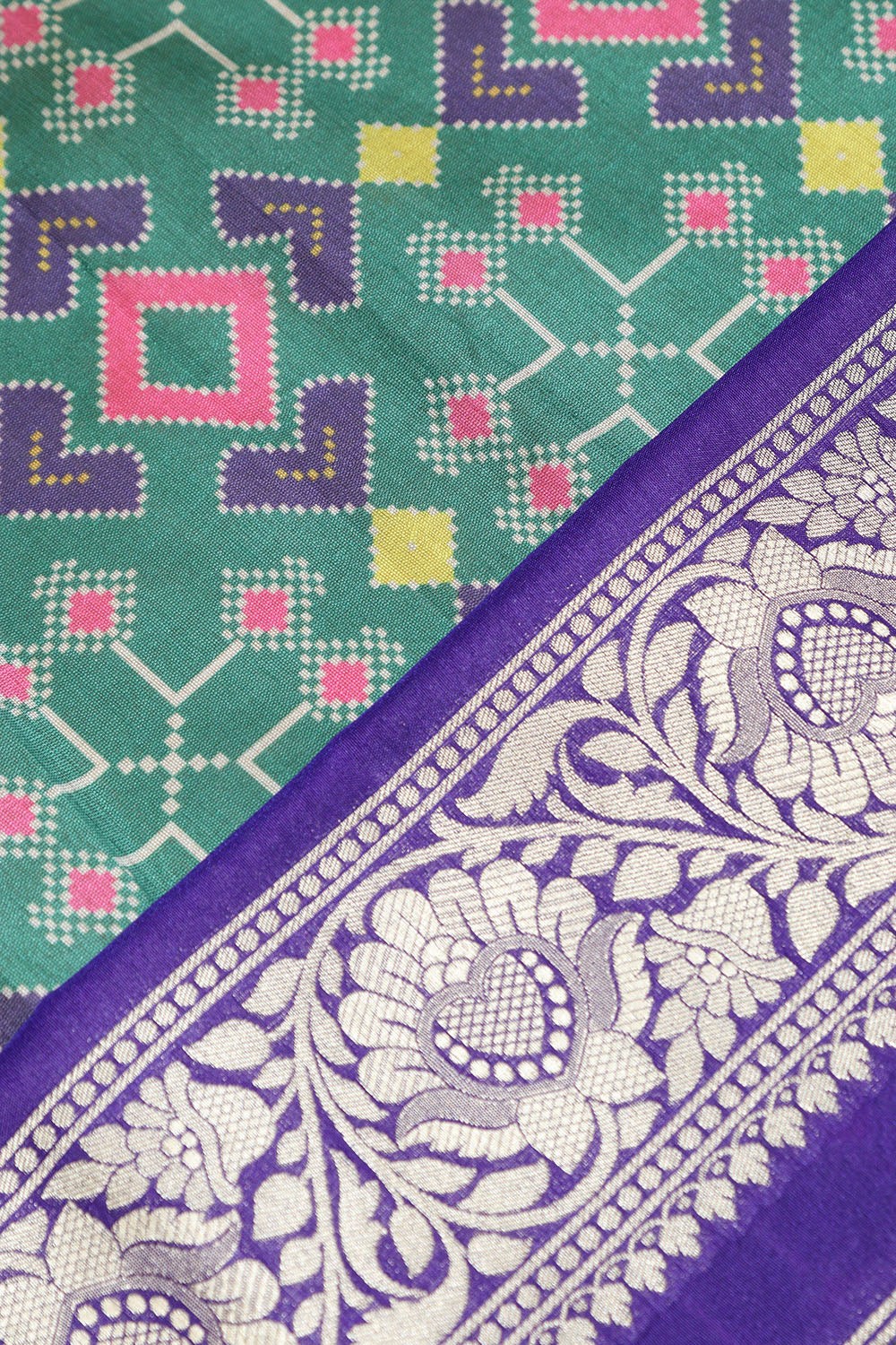 Green Digital Printed Patola Design Tussar Silk Fabric With Banarasi Border ( 1 Mtr ) - Luxurion World