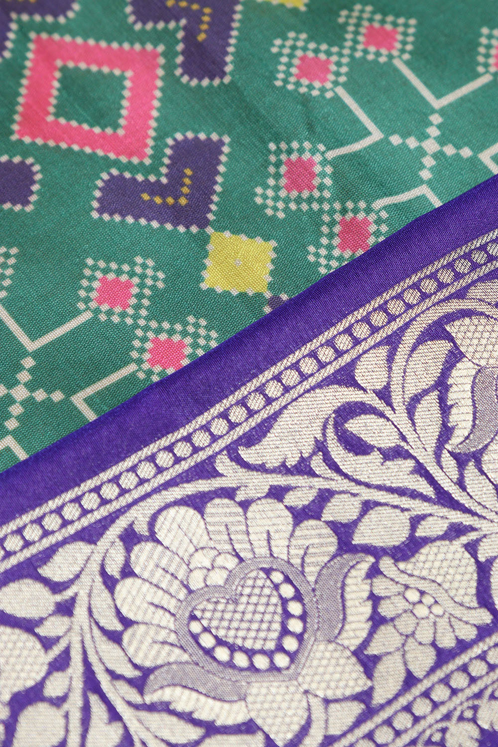 Green Digital Printed Patola Design Tussar Silk Fabric With Banarasi Border ( 1 Mtr ) - Luxurion World