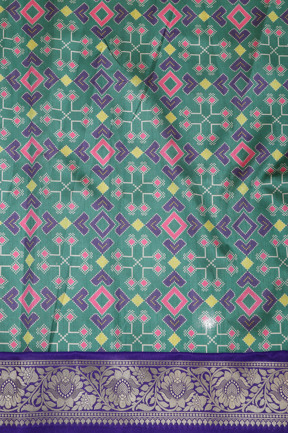 Green Digital Printed Patola Design Tussar Silk Fabric With Banarasi Border ( 1 Mtr ) - Luxurion World