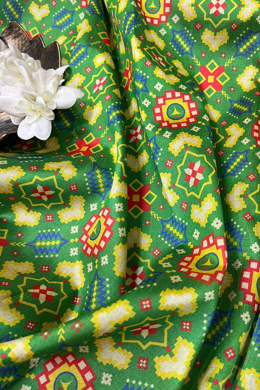 Green Digital Printed Patola Design Tussar Silk Fabric ( 1 Mtr ) - Luxurion World