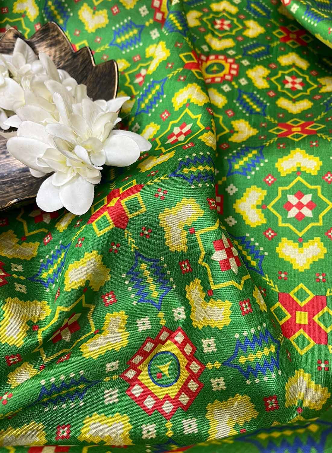 Green Digital Printed Patola Design Tussar Silk Fabric ( 1 Mtr ) - Luxurion World