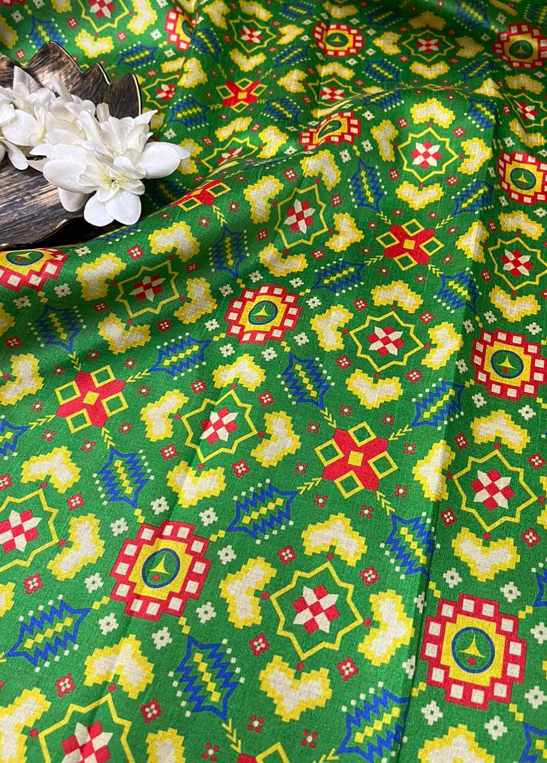 Green Digital Printed Patola Design Tussar Silk Fabric ( 1 Mtr ) - Luxurion World