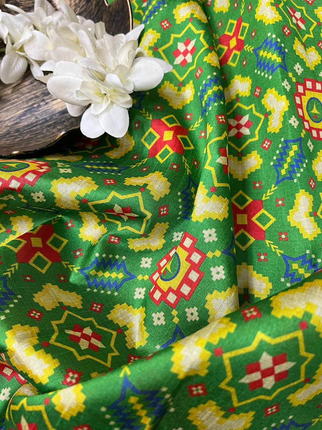 Green Digital Printed Patola Design Tussar Silk Fabric ( 1 Mtr ) - Luxurion World