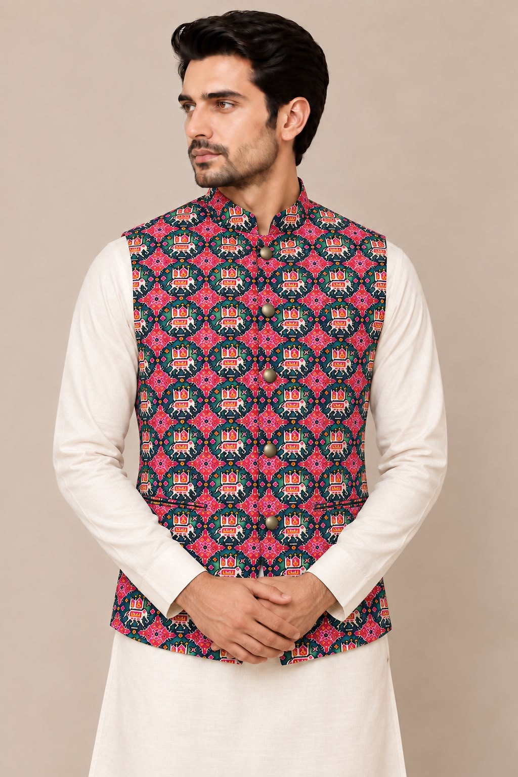 Multicolor Digital Print Tussar Silk Nehru Jacket Patola Design Festive