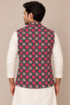 Multicolor Digital Print Tussar Silk Nehru Jacket Patola Design Festive