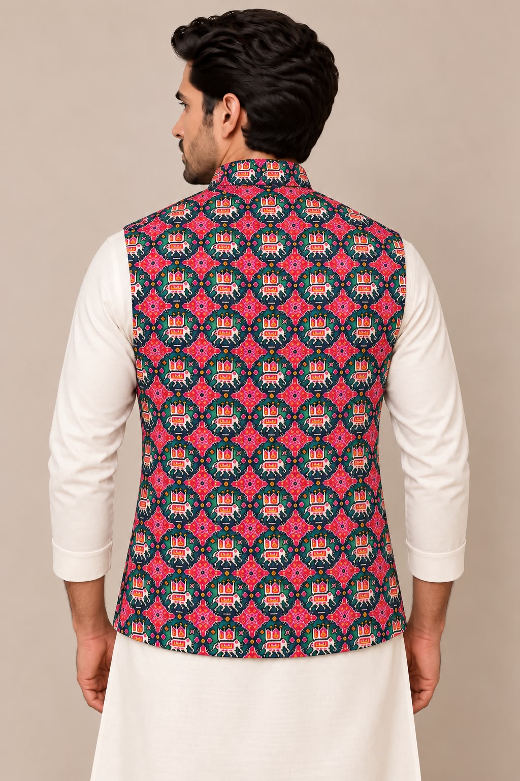 Multicolor Digital Print Tussar Silk Nehru Jacket Patola Design Festive