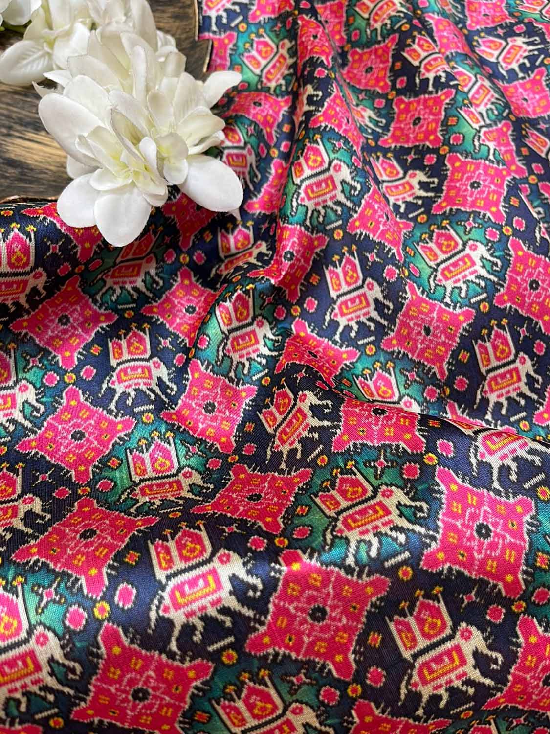 Multicolor Digital Printed Patola Design Tussar Silk Fabric ( 1 Mtr ) - Luxurion World