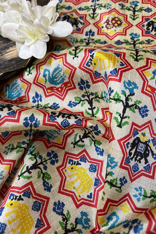 Off White Digital Printed Patola Design Tussar Silk Fabric ( 1 Mtr ) - Luxurion World
