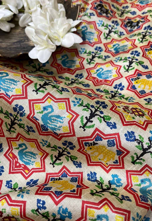 Off White Digital Printed Patola Design Tussar Silk Fabric ( 1 Mtr ) - Luxurion World