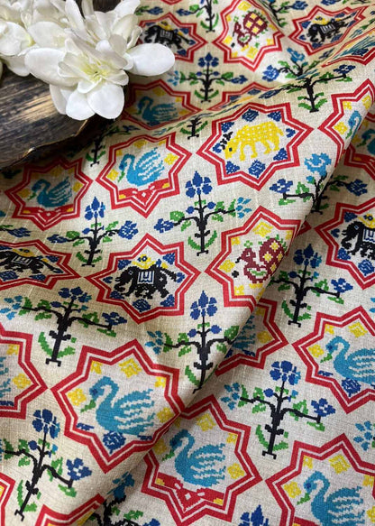 Off White Digital Printed Patola Design Tussar Silk Fabric ( 1 Mtr ) - Luxurion World