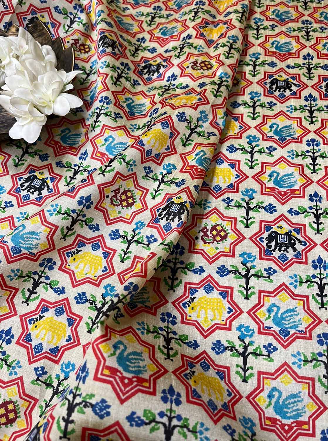 Off White Digital Printed Patola Design Tussar Silk Fabric ( 1 Mtr ) - Luxurion World
