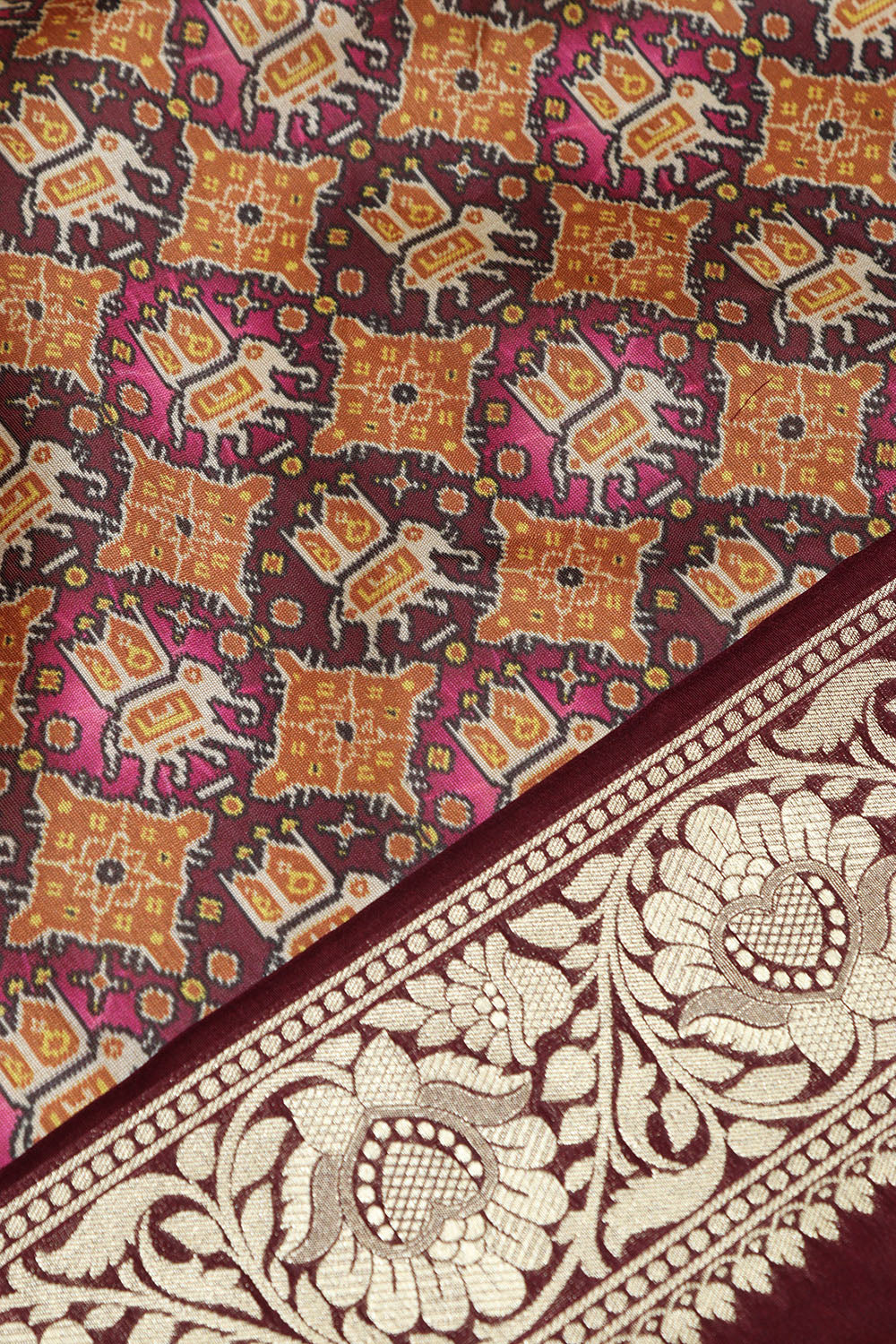 Multicolor Digital Printed Patola Design Tussar Silk Fabric With Banarasi Border ( 1 Mtr ) - Luxurion World