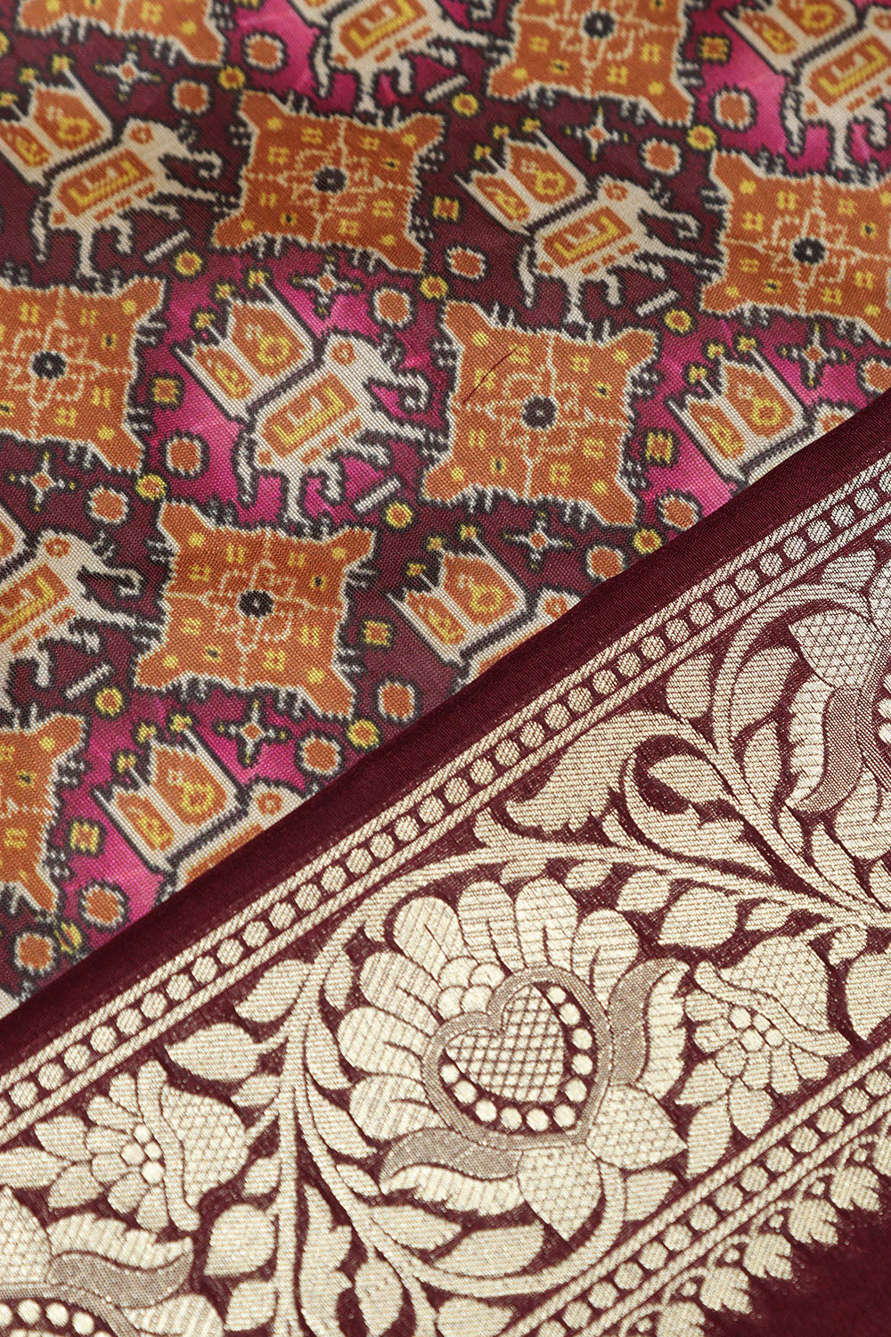 Multicolor Digital Printed Patola Design Tussar Silk Fabric With Banarasi Border ( 1 Mtr ) - Luxurion World