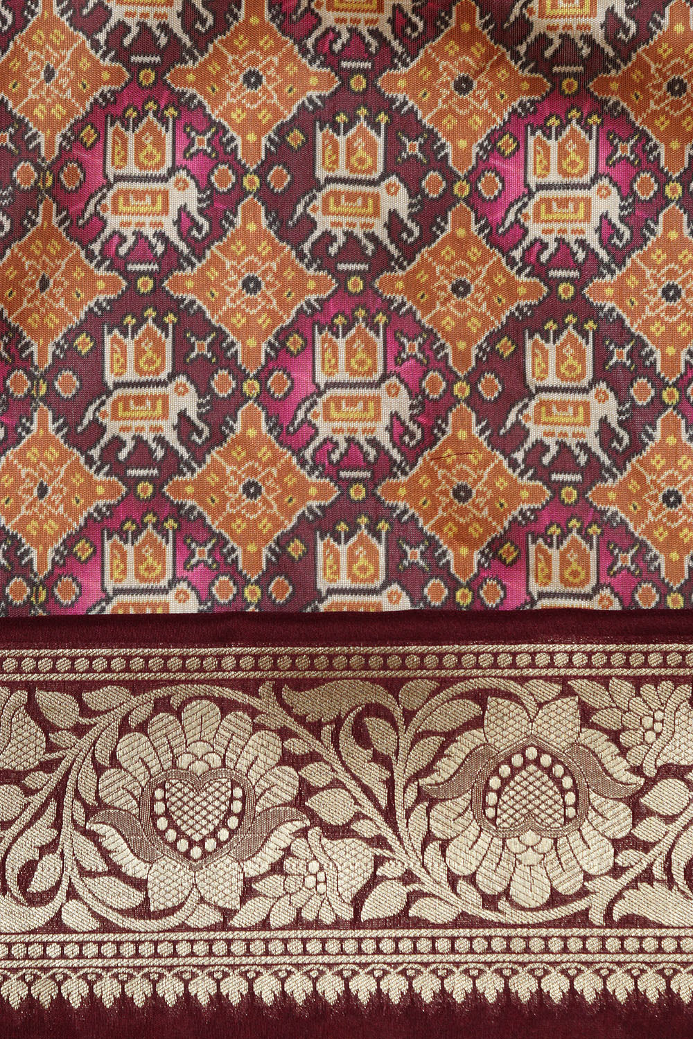 Multicolor Digital Printed Patola Design Tussar Silk Fabric With Banarasi Border ( 1 Mtr ) - Luxurion World