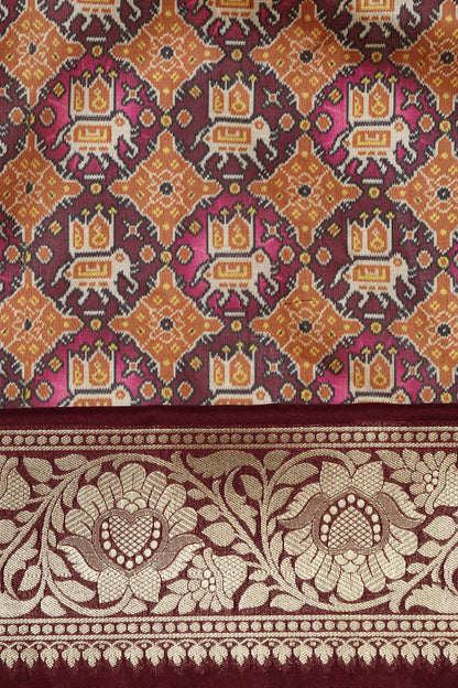 Multicolor Digital Printed Patola Design Tussar Silk Fabric With Banarasi Border ( 1 Mtr ) - Luxurion World