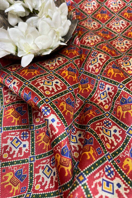 Red Digital Printed Patola Design Tussar Silk Fabric ( 1 Mtr )