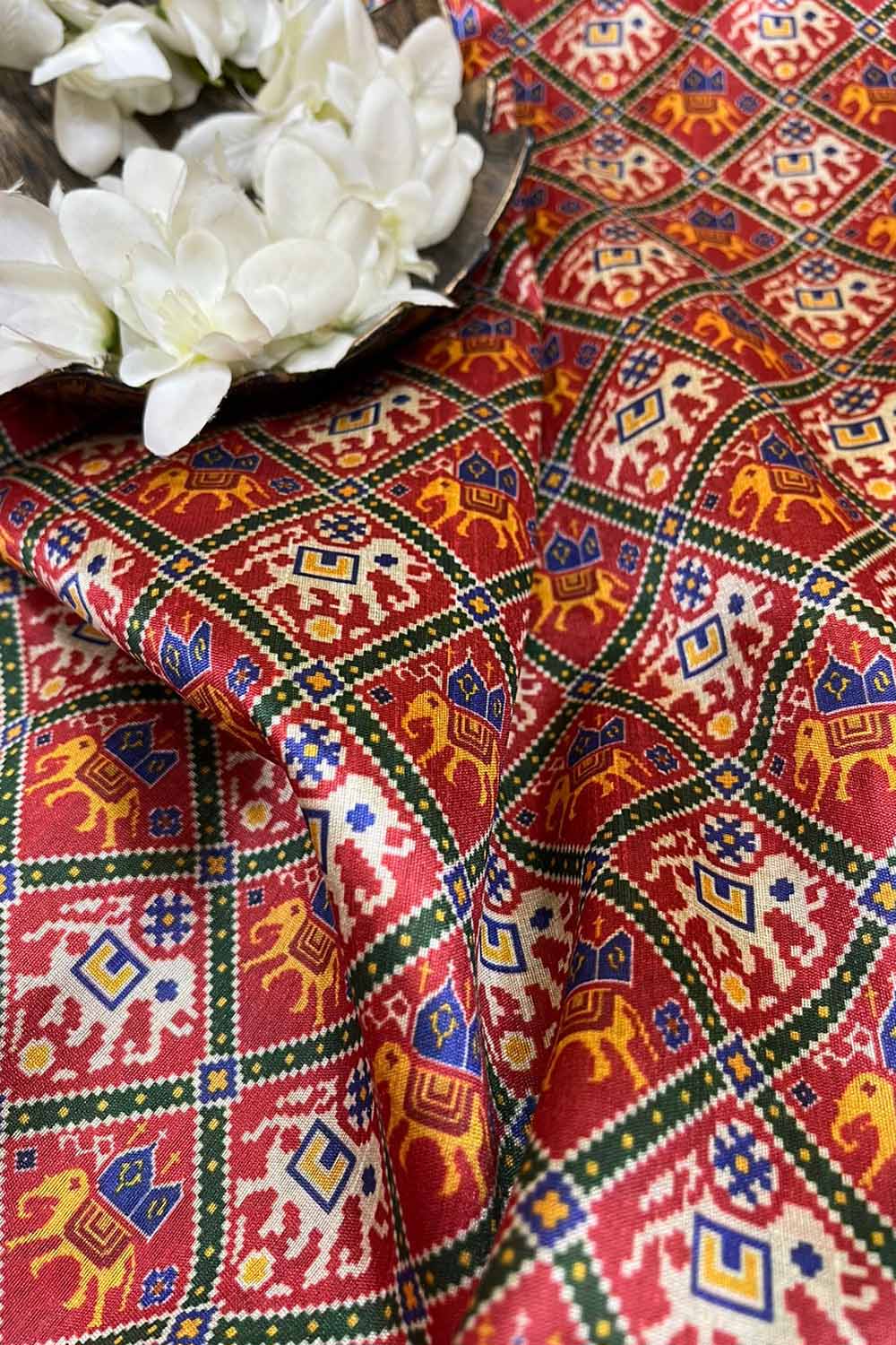 Red Digital Printed Patola Design Tussar Silk Fabric ( 1 Mtr ) - Luxurion World