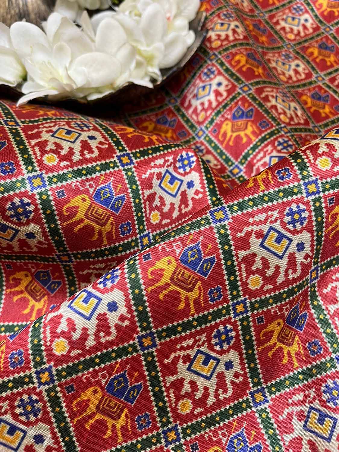 Red Digital Printed Patola Design Tussar Silk Fabric ( 1 Mtr ) - Luxurion World