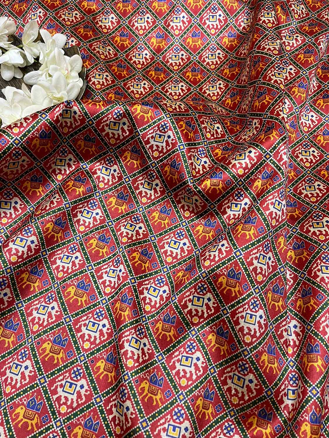Red Digital Printed Patola Design Tussar Silk Fabric ( 1 Mtr ) - Luxurion World