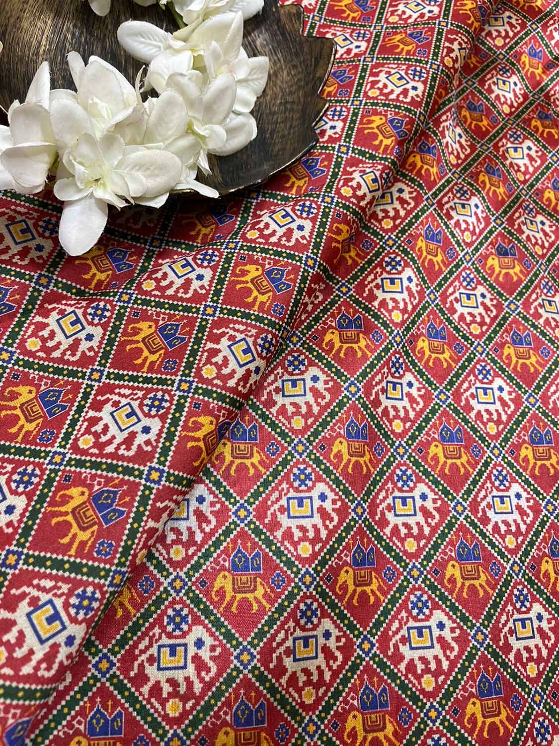 Red Digital Printed Patola Design Tussar Silk Fabric ( 1 Mtr )