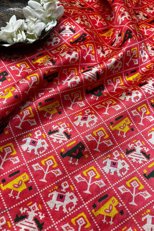 Pink Digital Printed Patola Design Tussar Silk Fabric ( 1 Mtr ) - Luxurion World