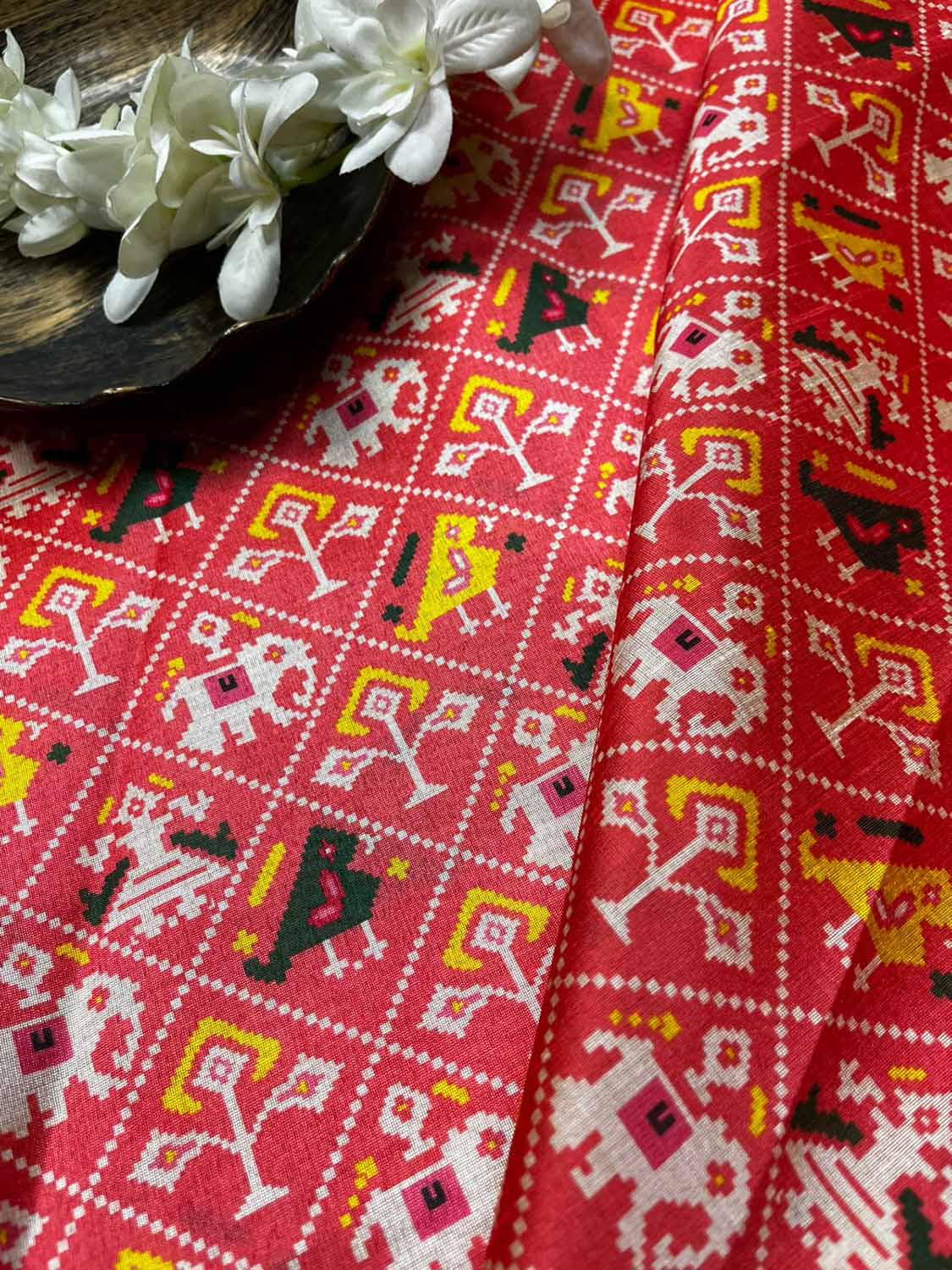 Pink Digital Printed Patola Design Tussar Silk Fabric ( 1 Mtr ) - Luxurion World