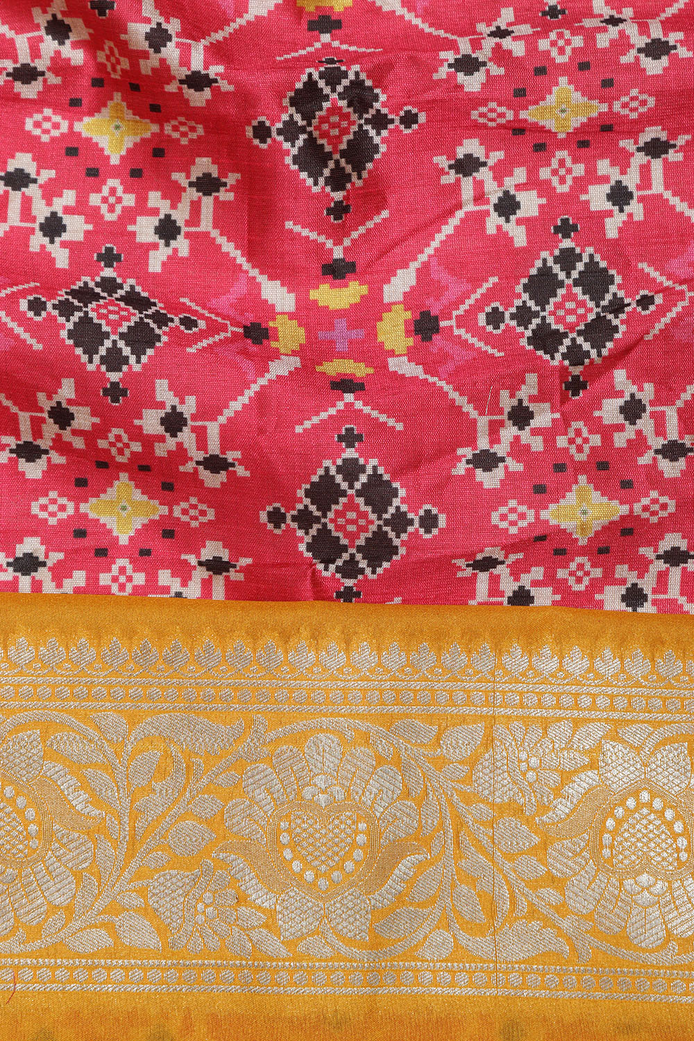 Pink Digital Printed Patola Design Tussar Silk Fabric With Banarasi Border ( 1 Mtr ) - Luxurion World