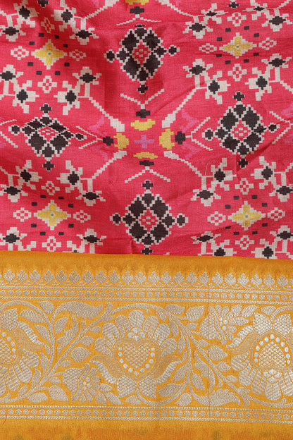Pink Digital Printed Patola Design Tussar Silk Fabric With Banarasi Border ( 1 Mtr ) - Luxurion World