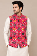 Pink Digital Print Tussar Silk Nehru Jacket  Patola Design Festive