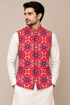 Pink Digital Print Tussar Silk Nehru Jacket  Patola Design Festive
