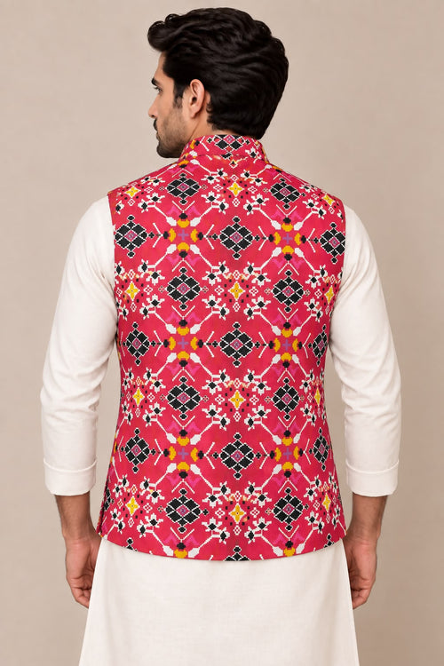 Pink Digital Print Tussar Silk Nehru Jacket  Patola Design Festive