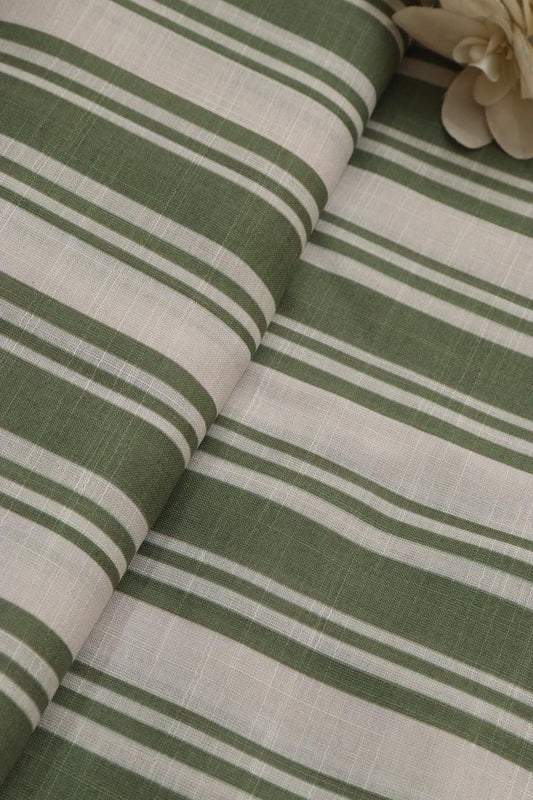 Vibrant Off White & Green Wrinkle Free Cotton Linen Digital Printed Fabric