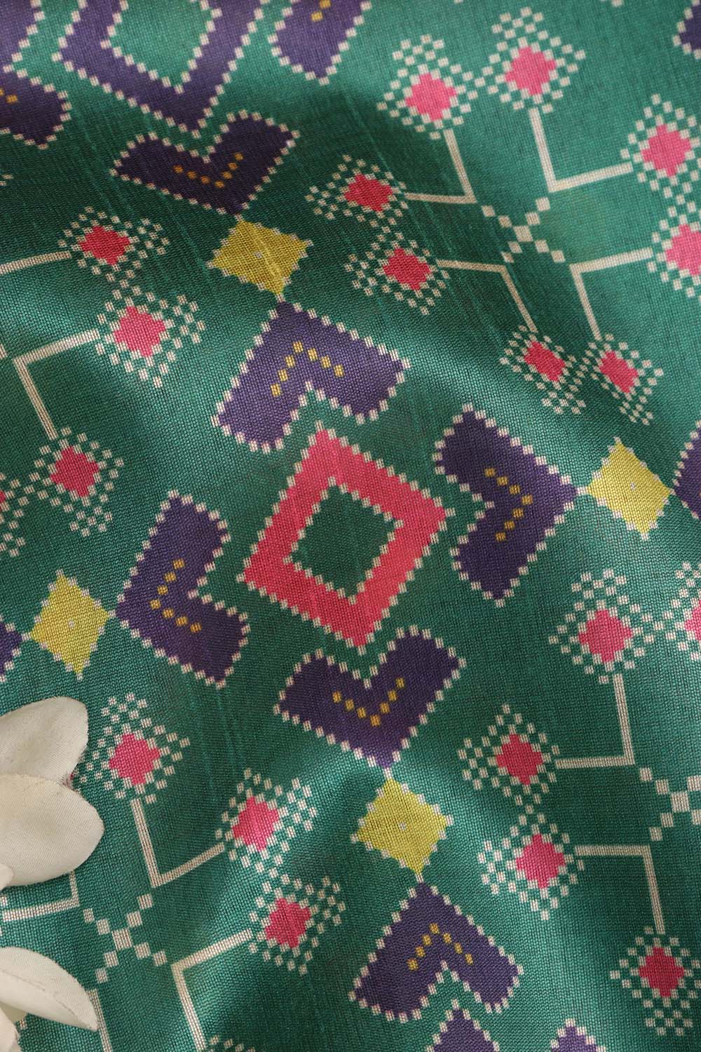 Green Patola Design Tussar Silk Fabric  - Digital Print ( 1 Mtr ) - Luxurion World