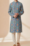 Blue Patola Tussar Silk Kurta — Digital Print, Festive