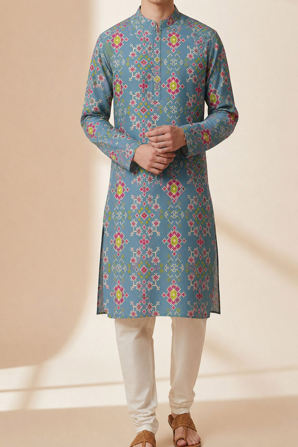 Blue Patola Tussar Silk Kurta — Digital Print, Festive