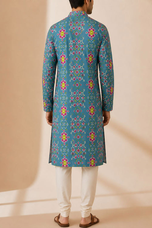 Blue Digital Printed Patola Design Tussar Silk Kurta